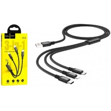 USB кабель HOCO X14 3в1: Lightning/Micro/Type-C, 1 метр, чорний