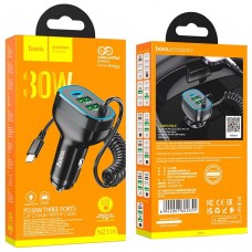 Автомобильное зарядное устройство HOCO NZ11A TYPE-C PD 30W/2USB + встроенный кабель Lightning, черный