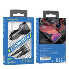 Автомобільний зарядний пристрій BOROFONE BZ14A Mercury dual port PD20W+QC3.0 ambient light + USB TYPE-C на LIGHTNING