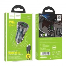 Автомобильное зарядное устройство HOCO Z47A Transparent Discovery Edition PD 30 Вт, USB-C + USB-A QC 3.0, с кабелем USB-C - Lightning 1 м, прозрачный чё Автомобильное зарядное устройство HOCO Z47A Transparent Discovery Edition PD 30 Вт, USB-C + USB-A QC 3.0, с кабелем USB-C - Lightning 1 м, прозрачный чё